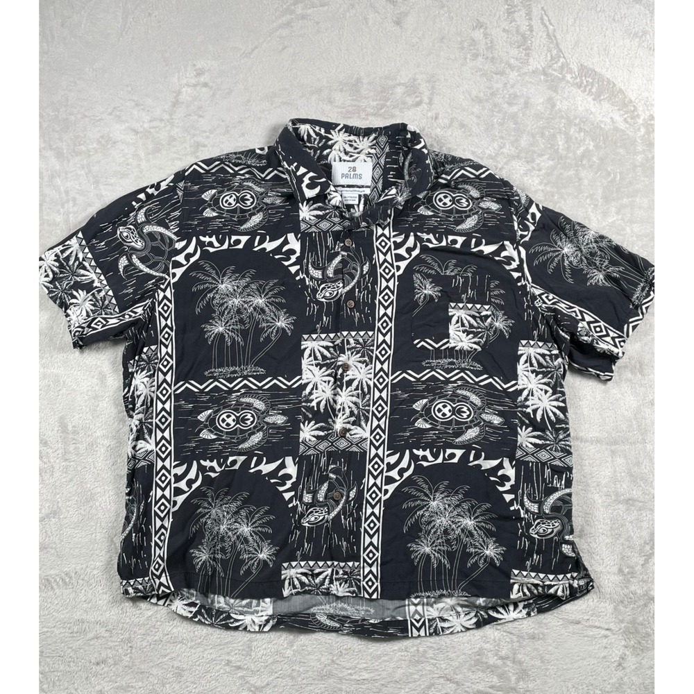28 Palms Mens XXL Black‎ White Tropical Sea Turtle Palm Tree Aloha Viscose Shirt